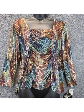 Libra Y2K Abstract Animal Print Draped Neck Blouse Top XXL Multicolored Artsy